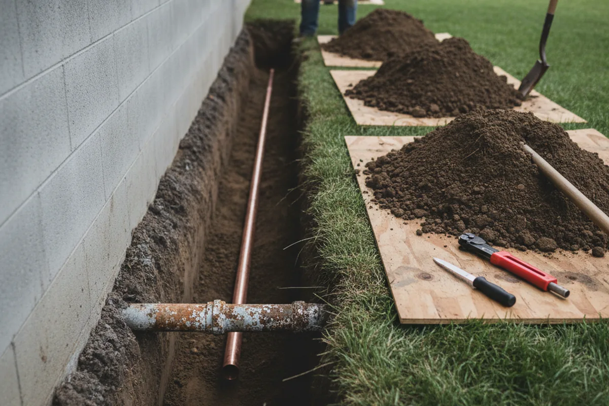 Excavated water line trench during Water Softener Installation in South Deerfield